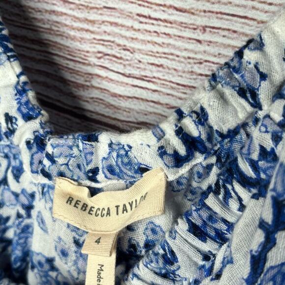Rebecca Taylor Aimee Off Shoulder Blue & White Cotton Floral Top Size 4 - Picture 7 of 11